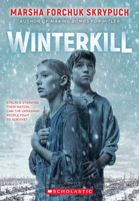 A book cover of "Winterkill" with two kids on the front, facing different directions with snow surrounding them.