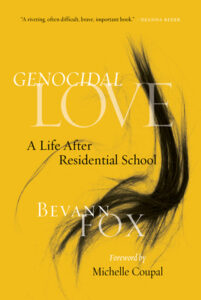 Yellow book cover, of the book "Genocidal Love: A Life After Residential School" with black abstract drawing
