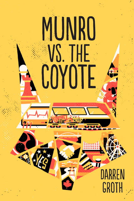 Bright yellow book cover of "Munro vs the Coyote" Graphic images representing coyote face.