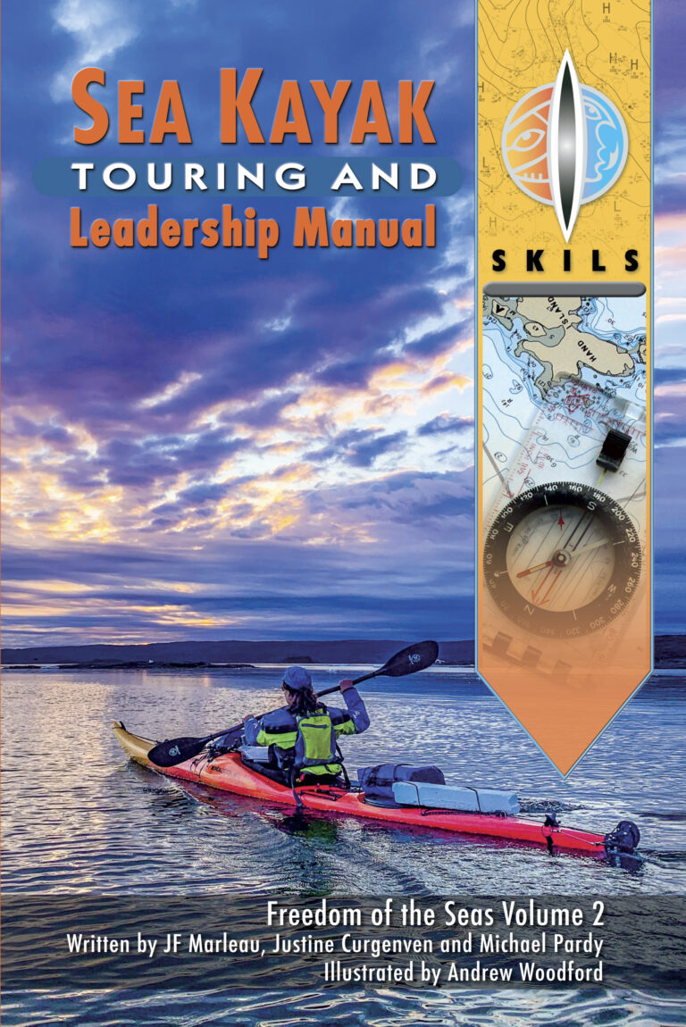 A book cover showing a kayak on the water with a beautiful sunset sky, titled "Sea Kayak Touring and Leadership Manual: Freedom of the Seas, Volume 2".